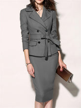 Load image into Gallery viewer, Women's elegant chic bodycon formal dress 2019 autumn winter fold-over collar plain office suits for women two piece set