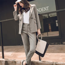 Load image into Gallery viewer, Women Suit Gray Casual Blazer &amp; High Waist Pant Office Lady Notched Jacket Pant Suits Korean Femme 2 pieces set