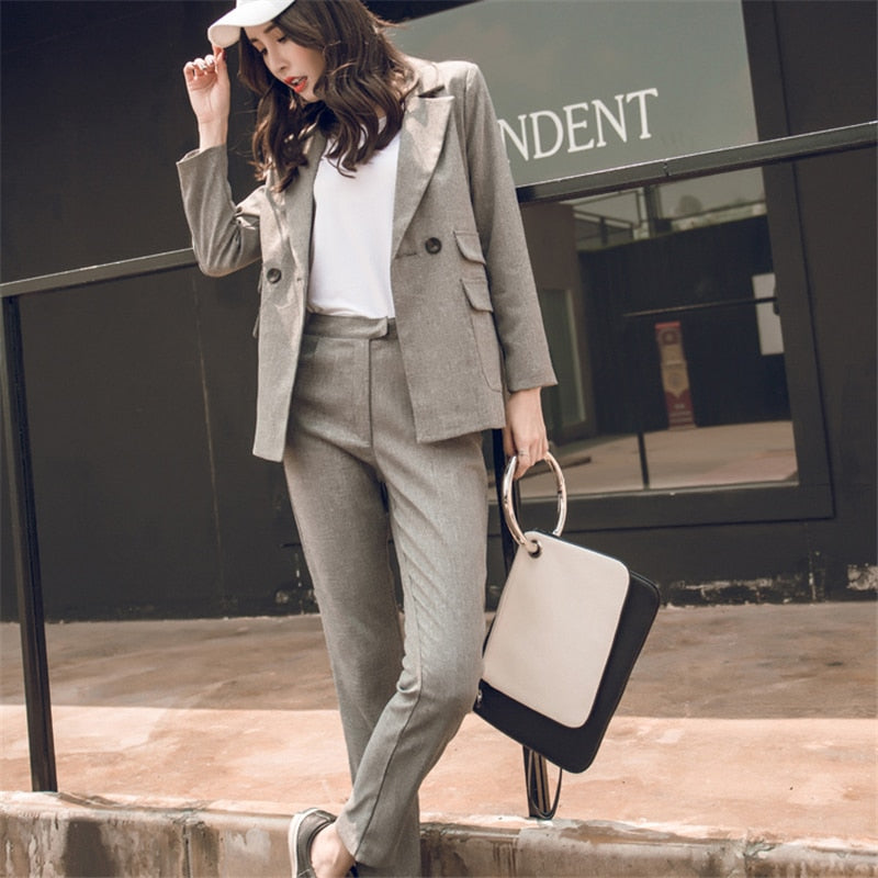 Women Suit Gray Casual Blazer & High Waist Pant Office Lady Notched Ja –  Sit Eggnog