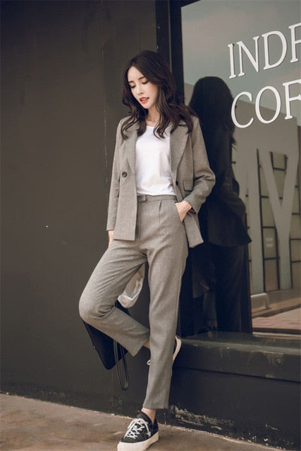 Suit Set Women Solid Color Business Wear Korean Formal Pants Suit Office Set  Casual Blazer and